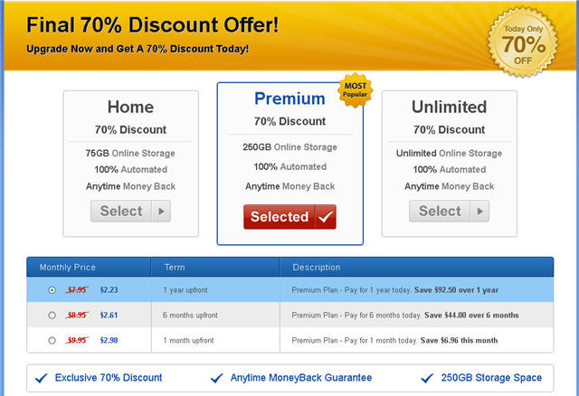 mypcbackup premium 250gb plan pricing