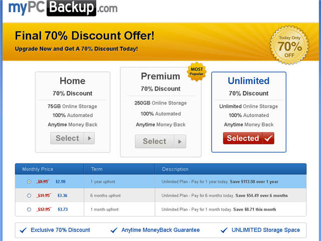 mypcbackup unlimited cloud storage pricing plan